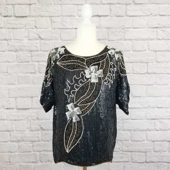 Joseph Le Bon vintage sequined beaded sparkle short sleeve top women's size M - Picture 2 of 8